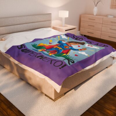 Jesus is my Superhero! Kid's Blanket - Purple, Blk. Lettering, Hispanic Supe - Image 4