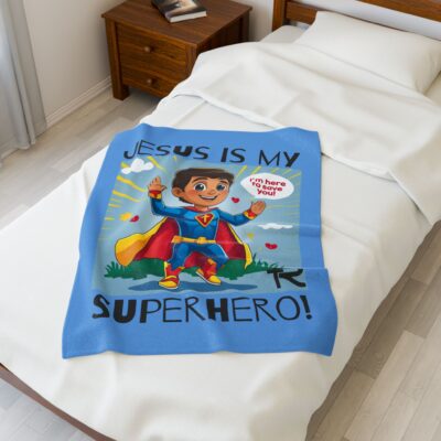 Jesus is my Superhero! Kid's Blanket - Blue, Blk. Lettering, Hispanic Supe - Image 9