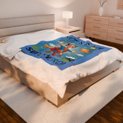 Jesus is my Superhero! Kid's Blanket - Blue, Blk. Lettering, White Supe - Image 17