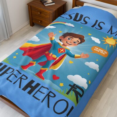 Jesus is my Superhero! Kid's Blanket - Blue, Blk. Lettering, White Supe - Image 3