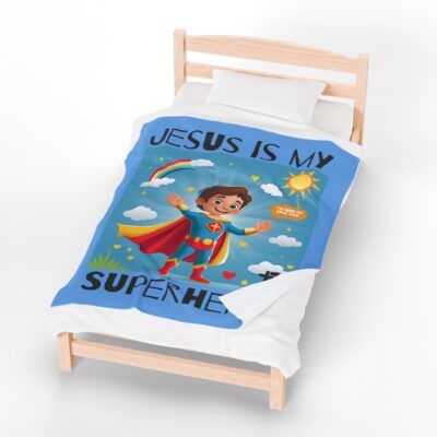 Jesus is my Superhero! Kid's Blanket - Blue, Blk. Lettering, White Supe - Image 18