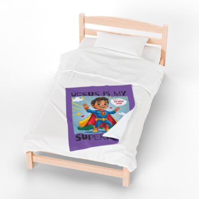 Jesus is my Superhero! Kid's Blanket - Purple, Blk. Lettering, Hispanic Supe - Image 11