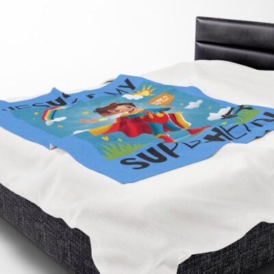 Jesus is my Superhero! Kid's Blanket - Blue, Blk. Lettering, White Supe - Image 20
