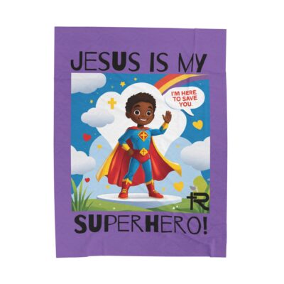 Jesus is my Superhero! Kid's Blanket - Purple, Blk. Lettering, Black Supe - Image 2