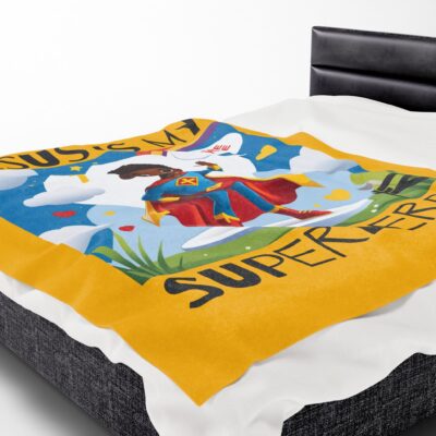 Jesus is my Superhero! Kid's Blanket - Yellow, Blk. Lettering, Black Supe - Image 6