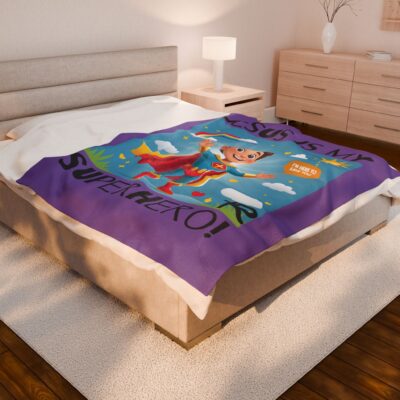 Jesus is my Superhero! Kid's Blanket - Purple, Blk. Lettering, White Supe - Image 4