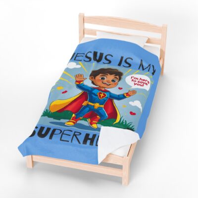 Jesus is my Superhero! Kid's Blanket - Blue, Blk. Lettering, Hispanic Supe