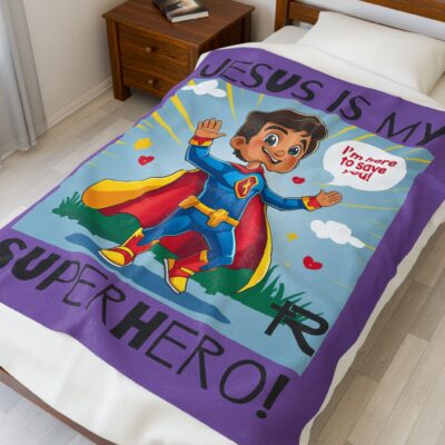Jesus is my Superhero! Kid's Blanket - Purple, Blk. Lettering, Hispanic Supe - Image 16