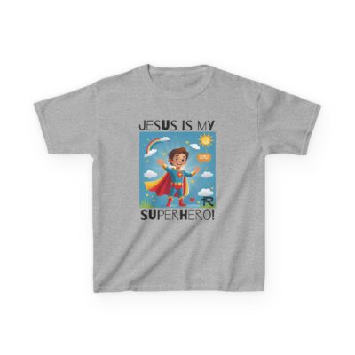 Jesus Is My Superhero! Kids Tee - Wht. Supe, Blk. Lettering - Image 3