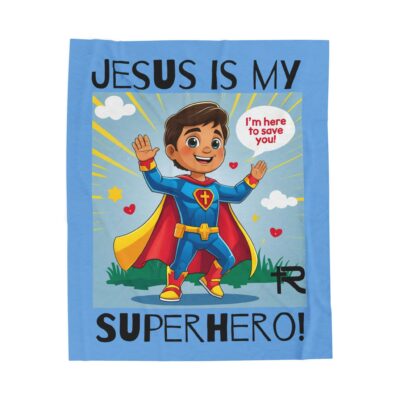 Jesus is my Superhero! Kid's Blanket - Blue, Blk. Lettering, Hispanic Supe - Image 15