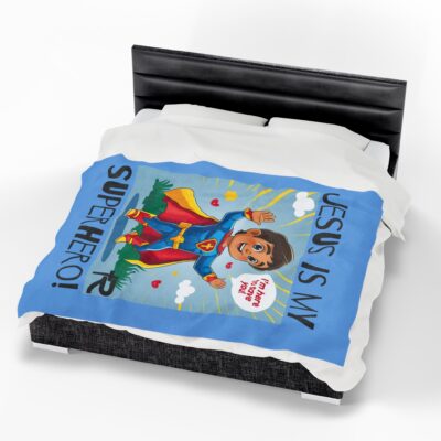 Jesus is my Superhero! Kid's Blanket - Blue, Blk. Lettering, Hispanic Supe - Image 5
