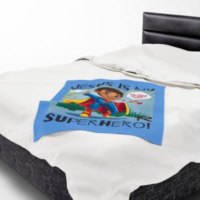 Jesus is my Superhero! Kid's Blanket - Blue, Blk. Lettering, Hispanic Supe - Image 13